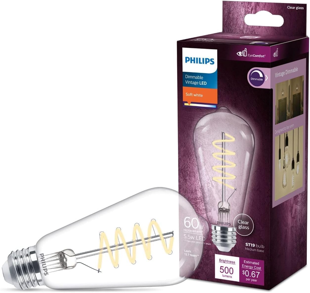 PHILIPS LED Vintage Flicker-Free Clear Spiral ST19 Dimmable, Eyecomfort Technology, 500 Lumen, Soft White(2700K), 5.5W=60W, Title 20 Certified, E26