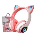 YUSONIC Cat Ear Bluetooth Headphones for Kids & Adults, Wireless Foldable & Wired Multi-Function LED Light Up Over Ear Headphones with Mic and Volume