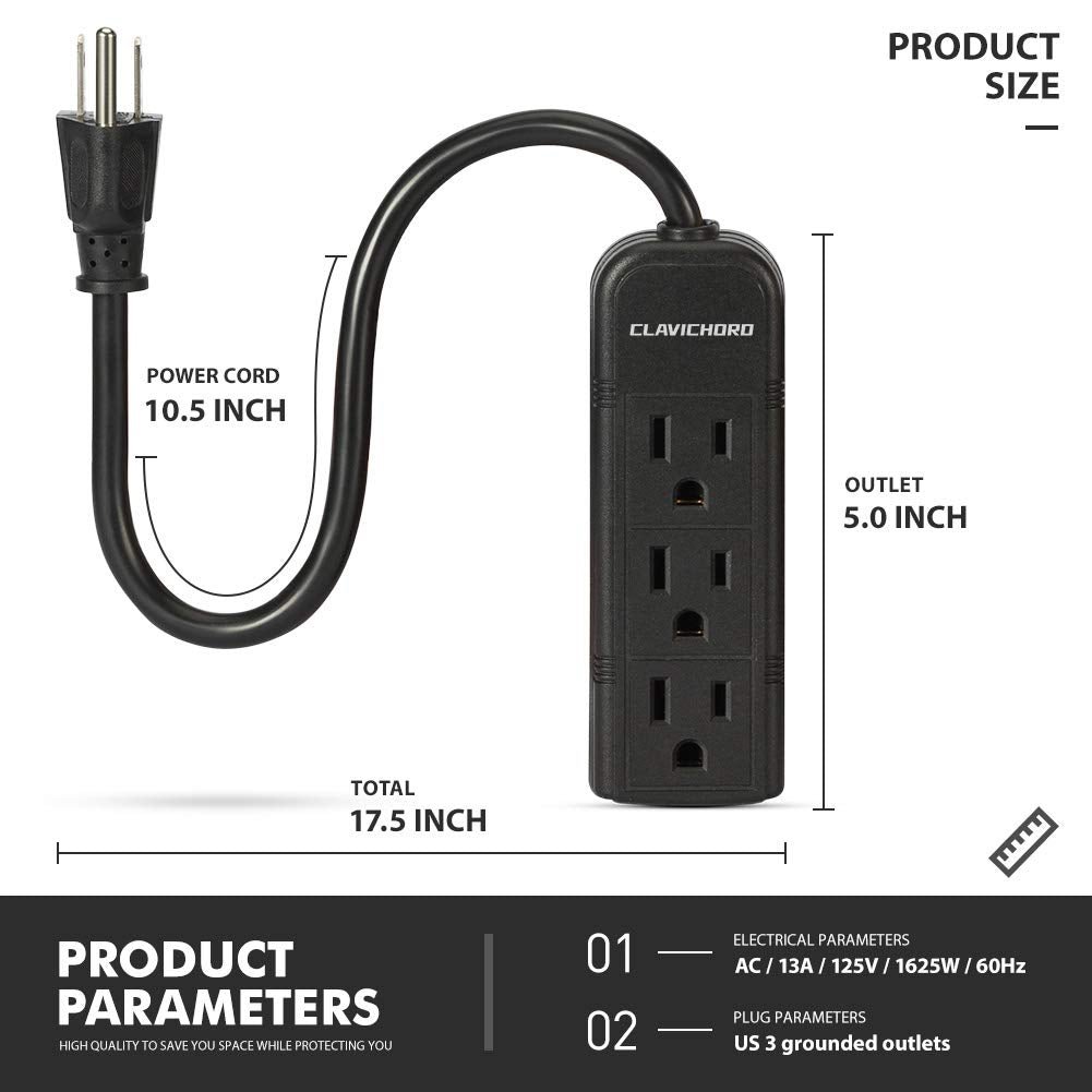 Power Strip with Flat Plug - 3 Ground Outlets 7 Inch Heavy Duty Braided Extension Cord Flat Plug Mountable Outlet Strip for Computer/Home/Office