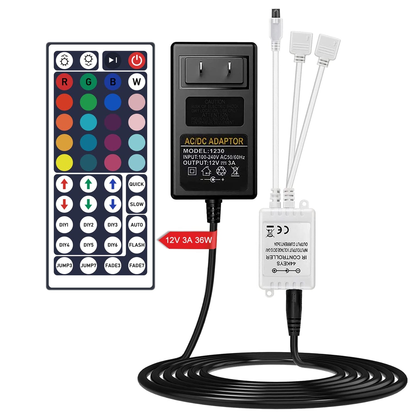 SNKIZN 44 Key Wireless IR Remote Controller, Rectifier Control Box,DC 12V 3A Power Supply Adapter?Replacement Control for SMD 5050 3528 2835 RGB LED