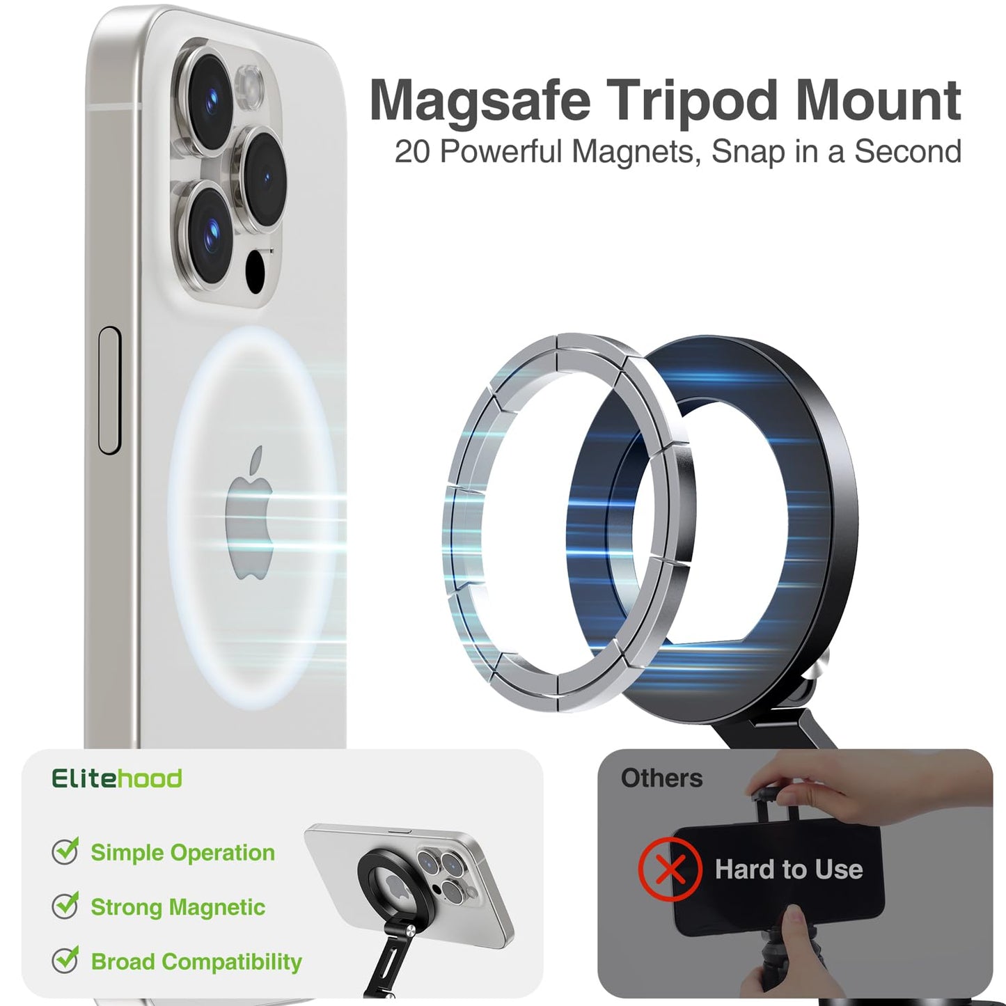 elitehood Aluminum Magsafe iPhone Tripod Mount with Arca Port, Magnetic Phone Mount for Tripod with 1/4" 3/8" Screw Adapter, Cell Phone Holder Stand