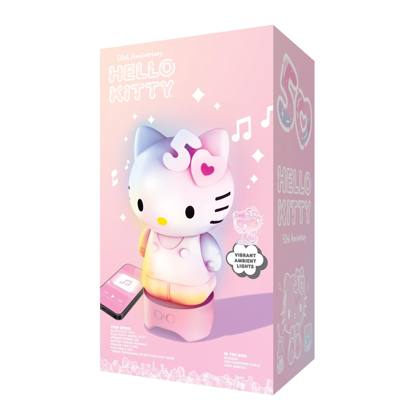Hello Kitty 50th Anniversary Bluetooth Glowing Speaker - Multicolor LED Lights, Amplified Audio, Rechargeable Battery - Cute Portable Wireless Speaker