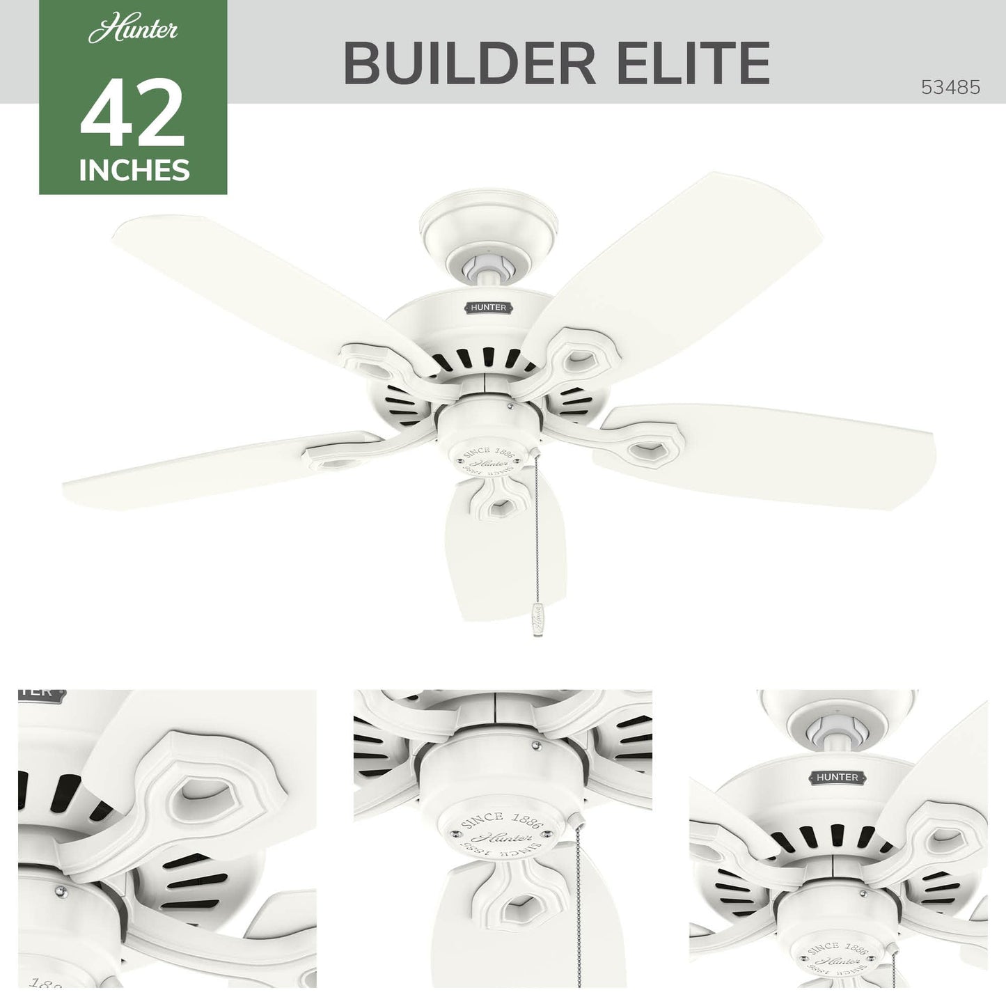 Hunter Builder Elite 42 inch Indoor Ceiling Fan, Fresh White Ceiling Fan, 3 Speed WhisperWind Motor, 53486, for Bedrooms, Living Rooms or Kitchens