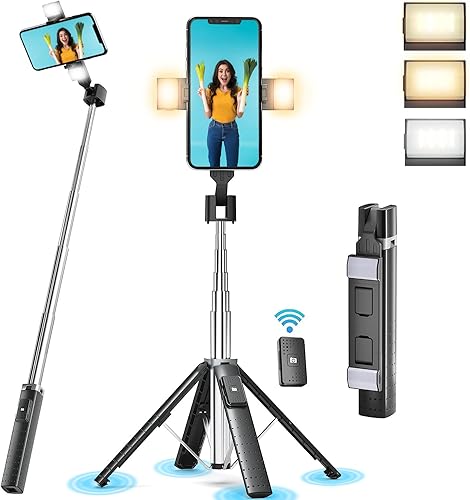 41” Selfie Stick Tripod Quadrapod with 2 Rechargeable Fill Light, Extendable Tripod with Bluetooth Remote, Stainless Steel, 3 Light Modes, 9
