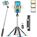 41” Selfie Stick Tripod Quadrapod with 2 Rechargeable Fill Light, Extendable Tripod with Bluetooth Remote, Stainless Steel, 3 Light Modes, 9