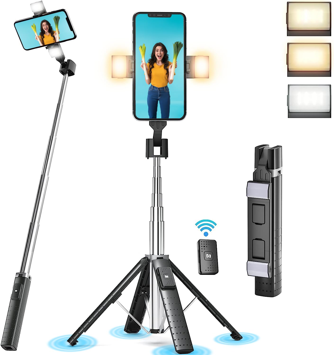 41” Selfie Stick Tripod Quadrapod with 2 Rechargeable Fill Light, Extendable Tripod with Bluetooth Remote, Stainless Steel, 3 Light Modes, 9