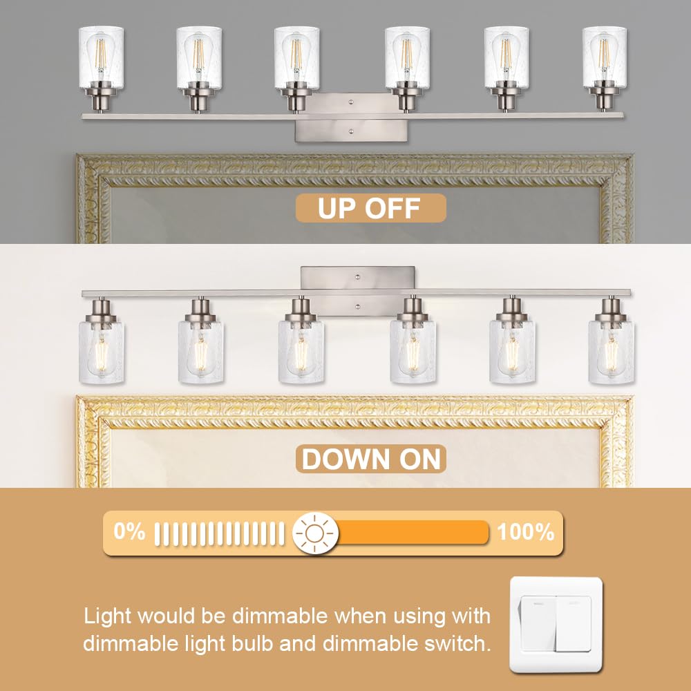 WINSHEN 6-Lights Bathroom Vanity Light Fixtures with Seeded Glass Lampshades, 45.3-Inches Length Modern Brushed Nickel Wall Light Fixture for Kitchen