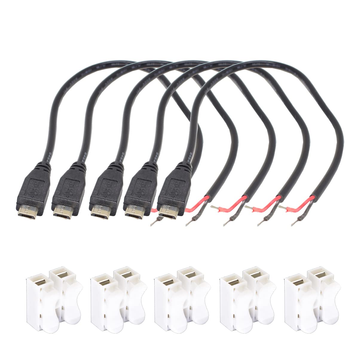 ELNONE 5PCS Micro USB Male to Open-end Cable - 30cm/12inch, 22AWG, 5V 3A DIY Power Charge Cable with Quick Wire Connector