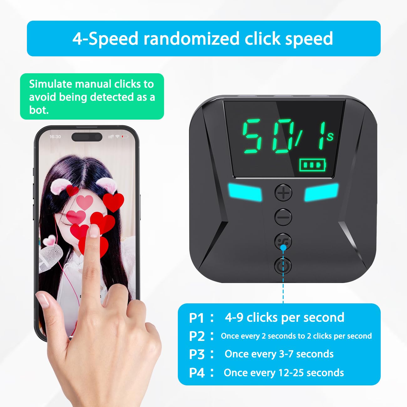 X2PRO Smartphone Auto Clicker: 150 Adjustable Speeds | Built-in Battery | Expandable to 9 clicking Tips | Random Speed Mode | for TikTok Live Likes