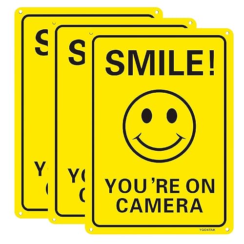 3Pack Smile You're On Camera Video Surveillance Signs 10x7 Inches Anti Rust Aluminum UV Protected Reflective Signs for Home Business CCTV Security