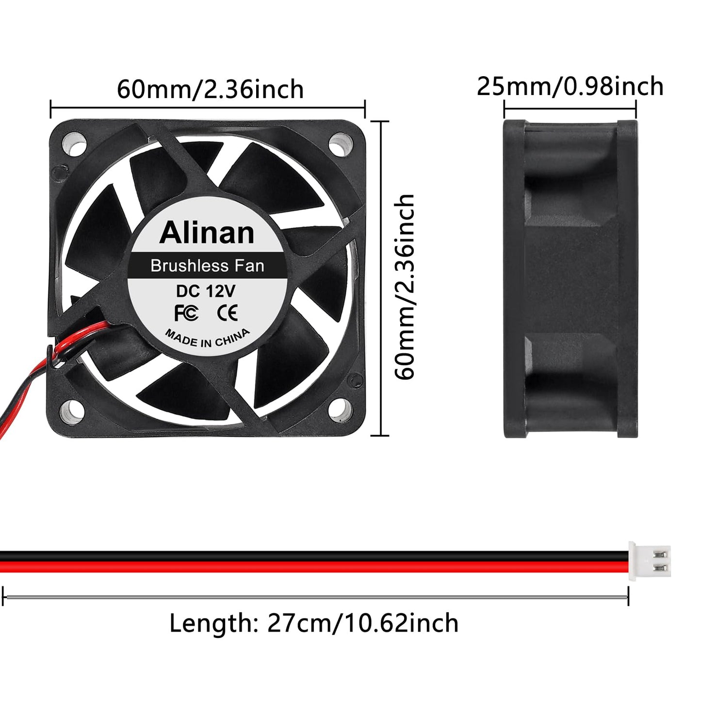 Alinan 4pcs 6025 60mm x 25mm 12V Dual Ball Bearings Brushless Fan 2Pin DC Cooling Exhaust Fan for Radiator DIY Air Exhaust Vent Cooling
