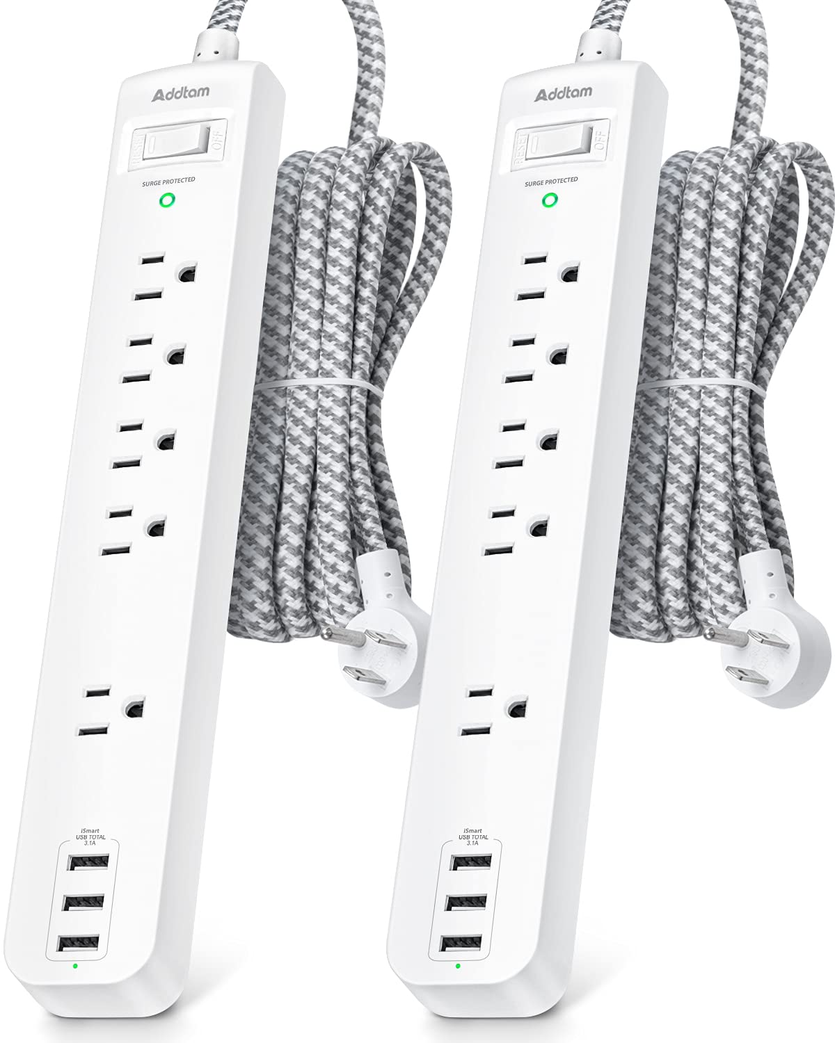2 Pack Power Strip Surge Protector - 5 Widely Spaced Outlets 3 USB Charging Ports, 1875W/15A with 5Ft Braided Extension Cord, Flat Plug, Overload