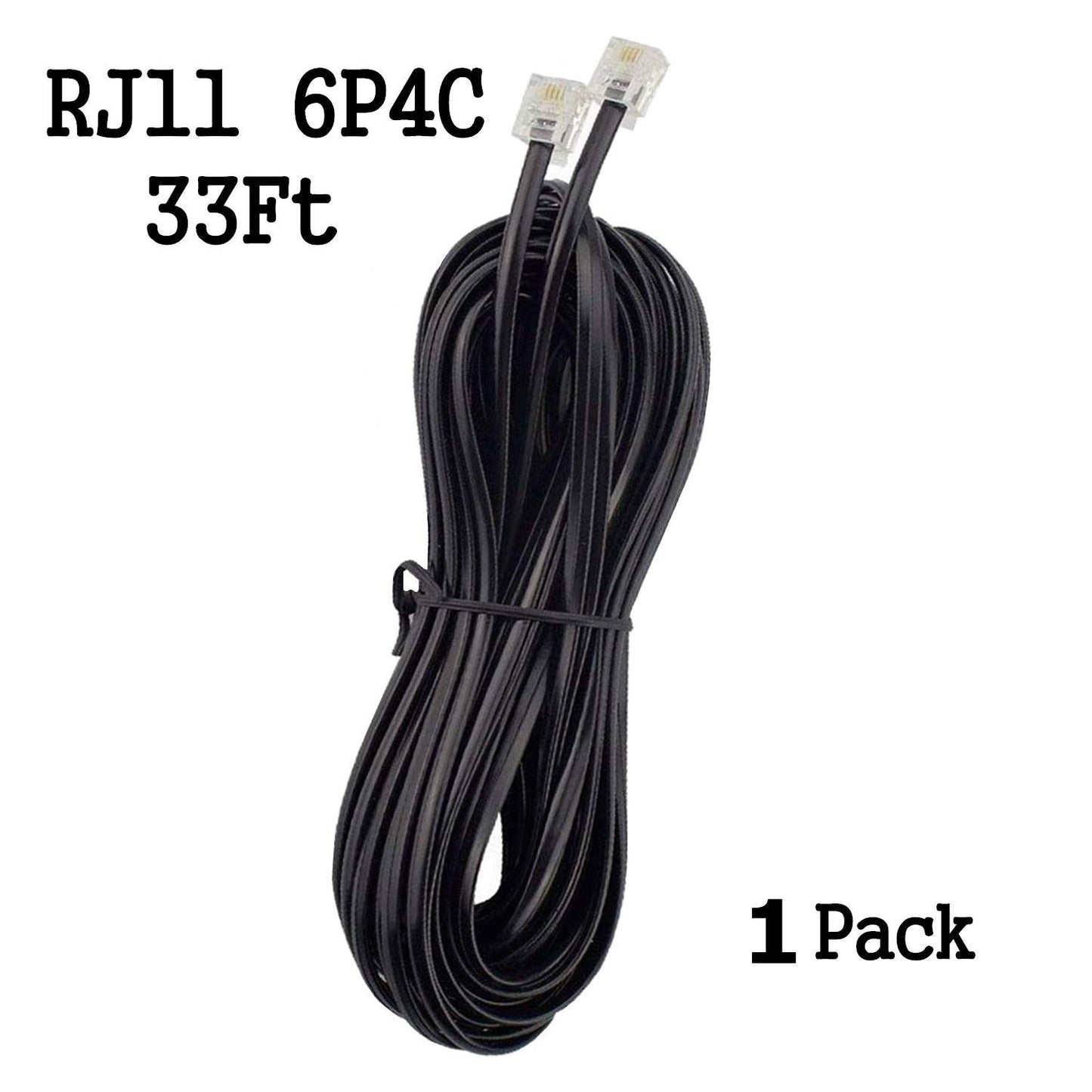 AIMIJIA Phone Cord, 6P4C Black Phone Telephone Extension Cord Cable Line Wire RJ11 6P4C Modular Plug for Landline Telephone Modem Accessory (33ft-1