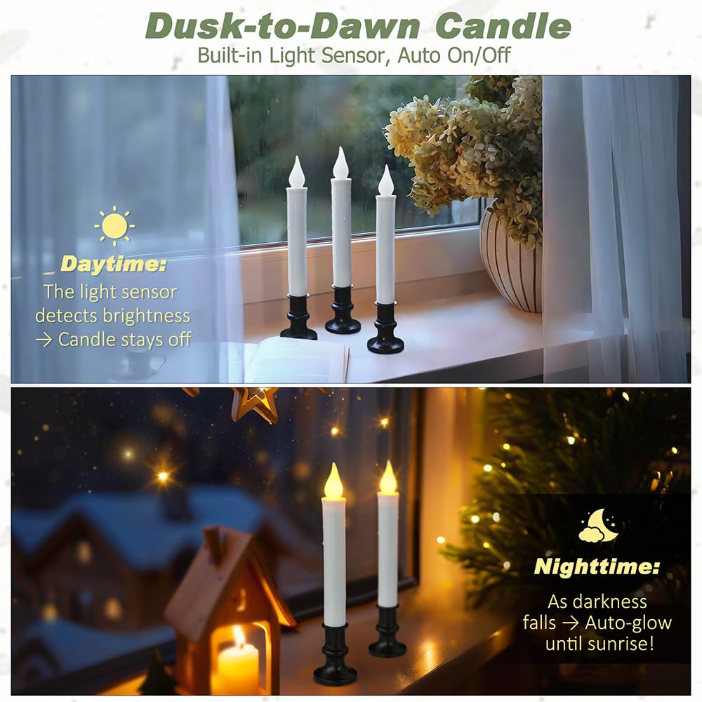 FPOO Window Candles with Dusk to Dawn Light Sensor, Battery Operated Candlesticks Long-Lasting 20+ Days, Flameless Taper Candles Flickering with Black
