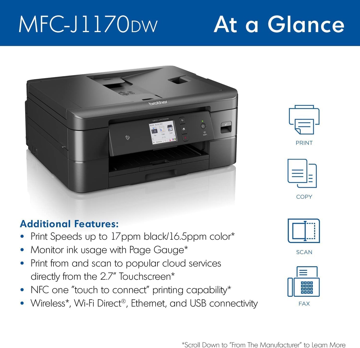 Brother MFC-J1170DW Wireless Color Inkjet All-in-One Printer with Mobile Device Printing, NFC, Cloud Printing & Scanning, Refresh Subscription