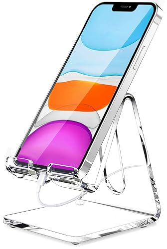 Crpich Acrylic Cell Phone Stand, Portable Clear Phone Stand for Desk, Compatible with Phone16 15 14 13 Pro Max Mini 12 11 Plus SE, Switch, Android
