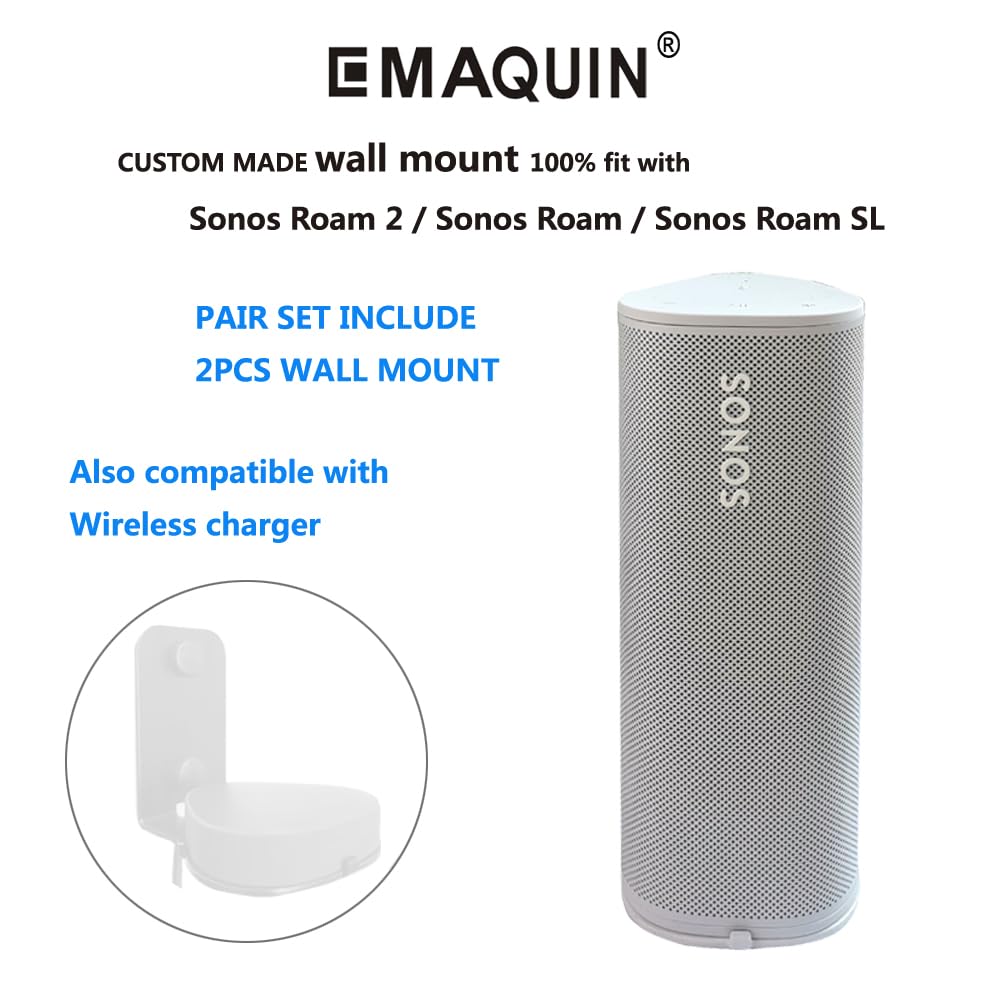 EMAQUIN Wall Mounts Brackets for Sonos Roam 2/Sonos Roam/Sonos Roam SL(Include 2 PCS,Drill Free,Sturdy Metal,Enduring Paint Finish,Easy Install,White)