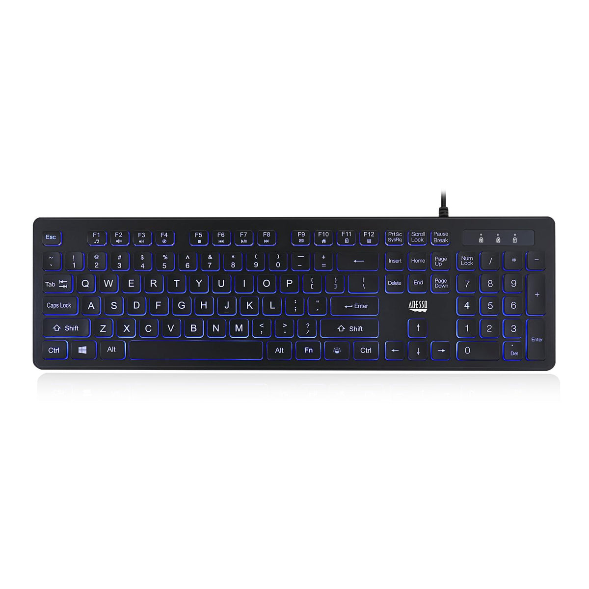 Adesso AKB-139EB 104 Key Large Print LED Keyboard, Blue