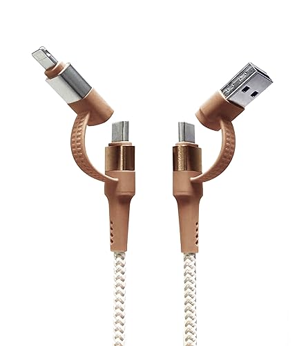 Tech Candy Two Faced 6' Woven Cable, Natural - USB Type A, USB Type C, Lightning, USB-A, USB-C, Long, Reinforced, Strong, Durable, Thick, Quality