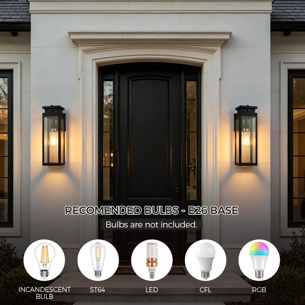 Cerdeco Exterior Dusk to Dawn Sensor Outdoor Wall Light with 4 Side Clear Glass and 15 Inches in Height,Black Porch Sconce Wall Mounted Lighting