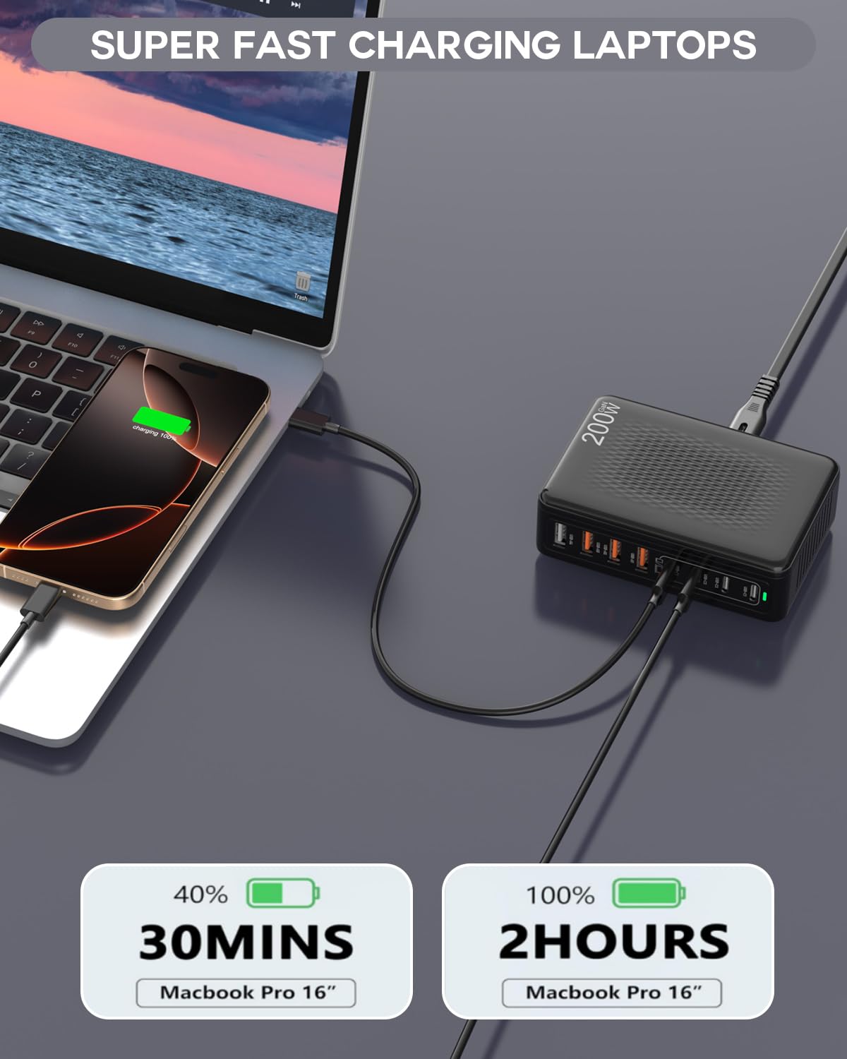 USB C Charger Block, 200W 8 Port USB C Charging Station, GaN Type C & A Charger Fast Charging Desktop Hub PD Block Laptop Adapter for Apple iPhone Air