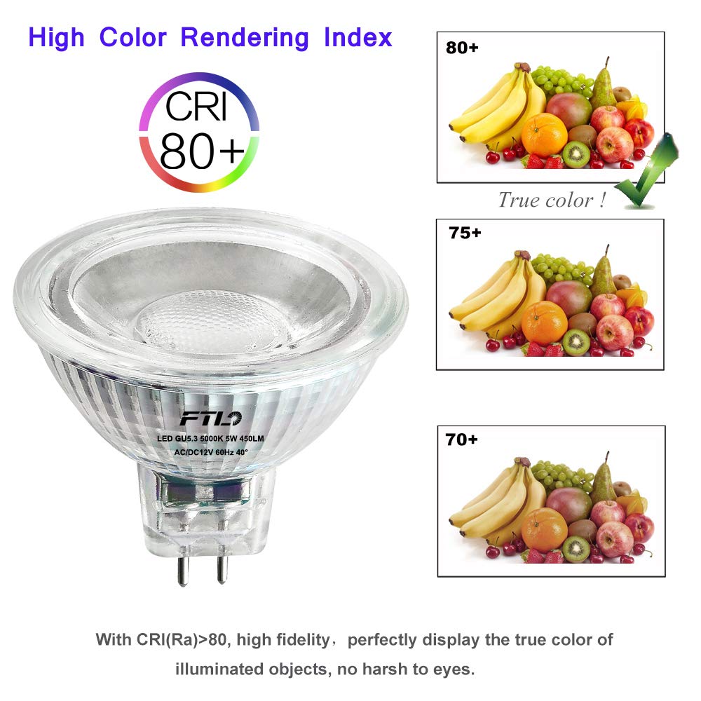FTL MR16 LED Bulb Non Dimmable 5000K Daylight White Glass 5W AC/DC 12V 50W Halogen Equivalent 500lm GU5.3 Bipin Base 40 Degree Spotlight for Track