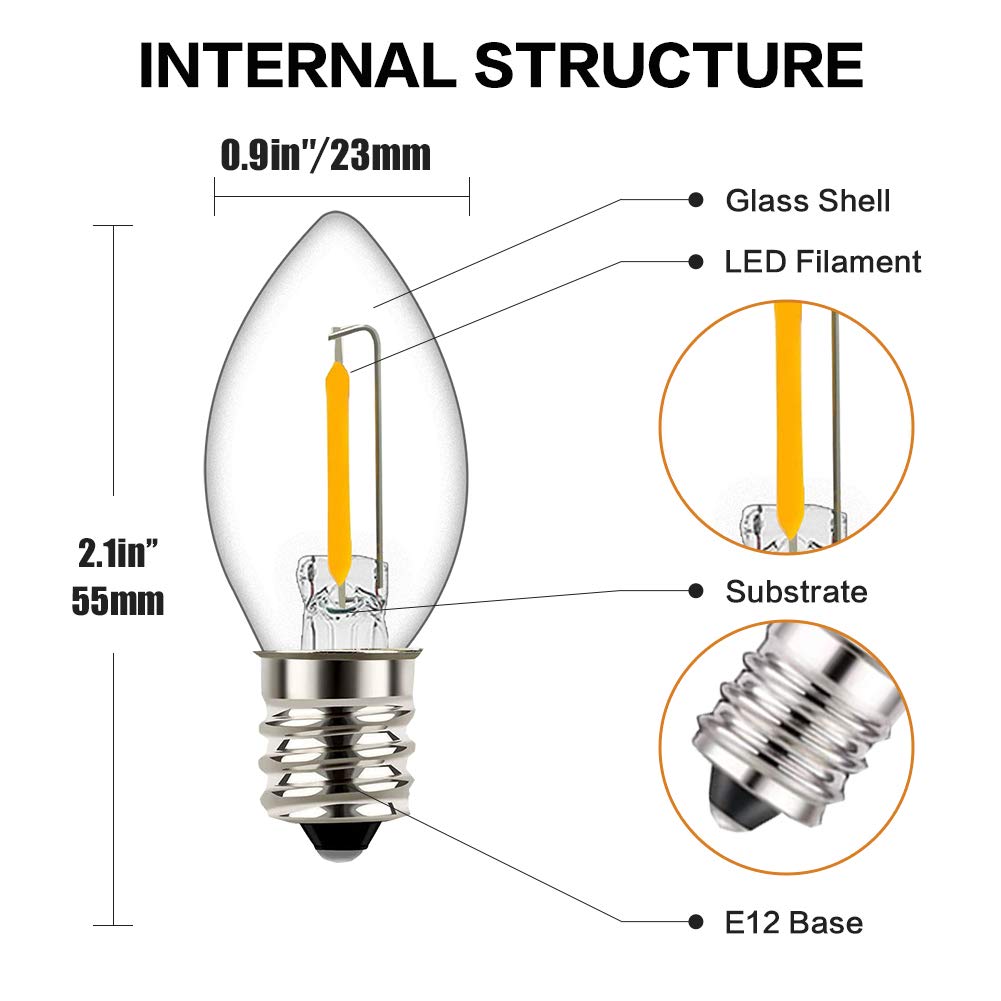 Tsunetani-C7 Edison LED Filament Mini Night Light Replacement Bulbs 0.5W Equivalent to 5 Watt Incandescent - E12 Candelabra Base 2700K Warm White