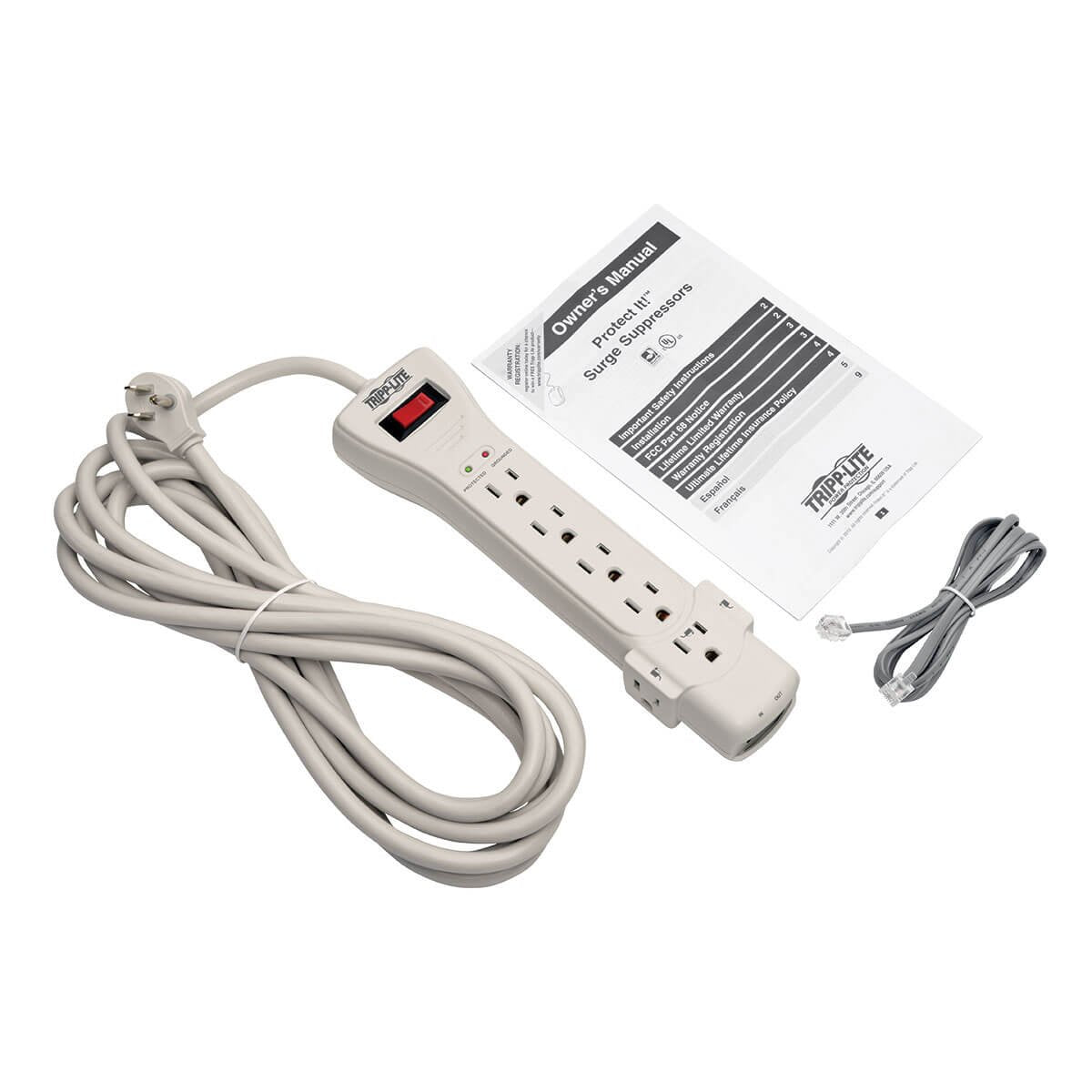 Tripp Lite 7 Outlet Surge Protector Power Strip, 15ft. Extra Long Cord, Right Angle Plug, Fax/Modem Protection, RJ11, $75K Insurance & Manufacturer's