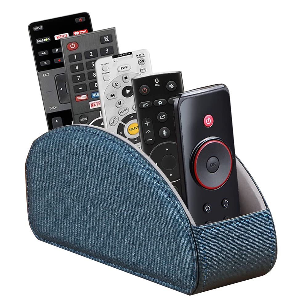 Leather Remote Control Holder,TV Remote Caddy with 5 Compartments,Desktop Organizer,for Store TV,DVD,Blu-Ray,Media Player,Heater Controllers(Blue)