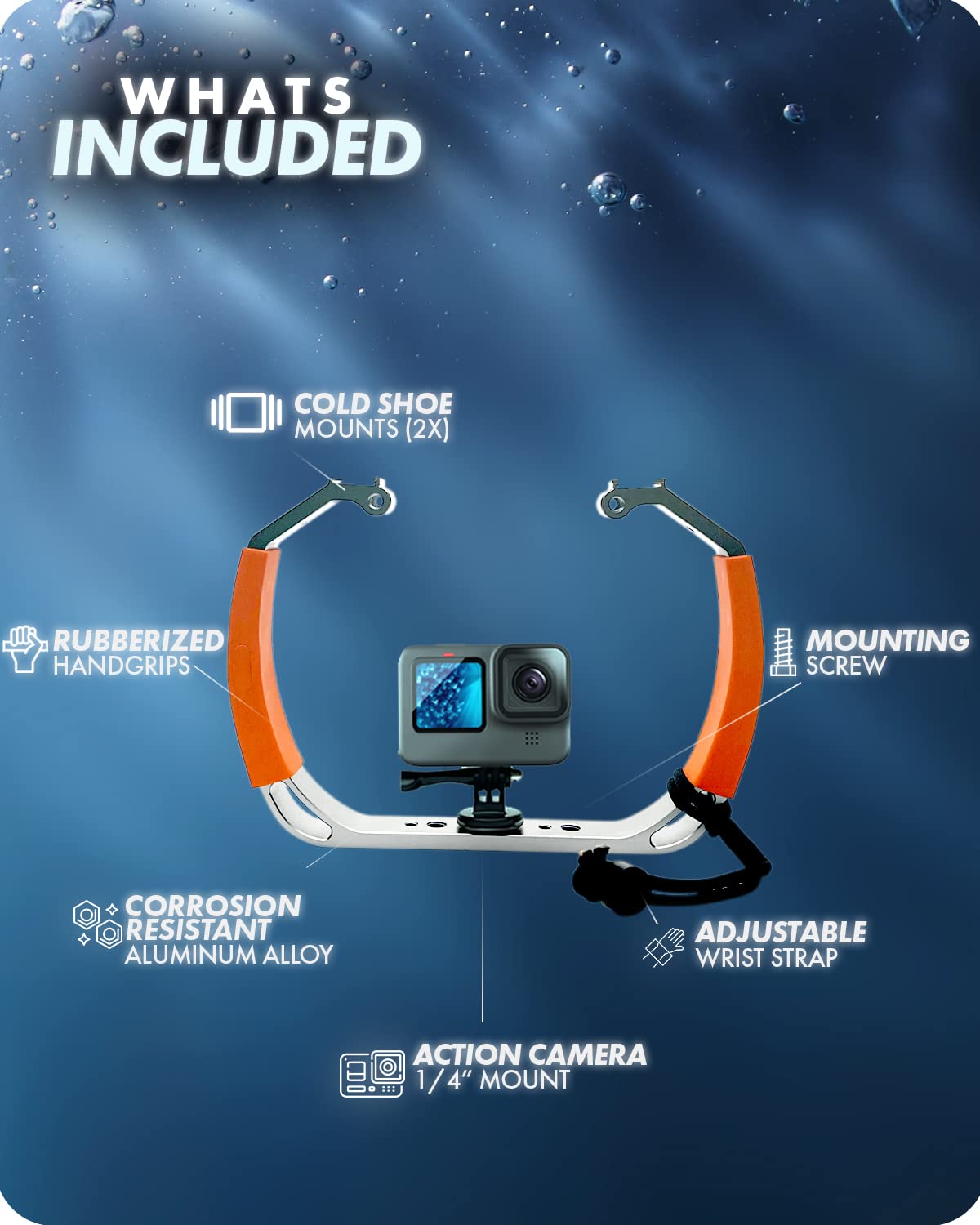 Movo GB-U80T Underwater Diving Rig with Cold Shoe Mounts, Strap - Compatible with GoPro Hero, HERO6, HERO7, HERO8, HERO9, HERO10, HERO11, Osmo Action