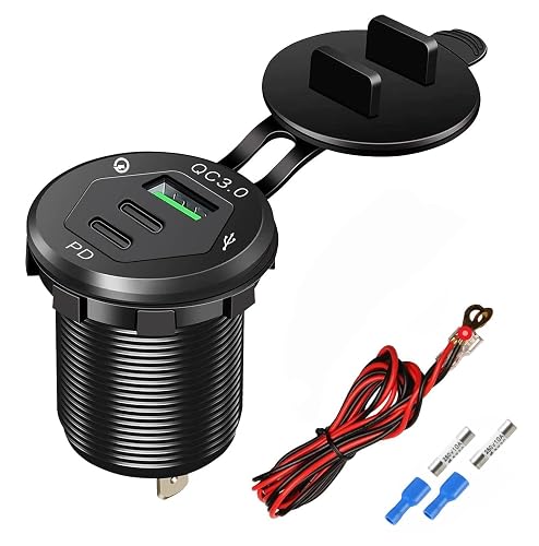 USB C Car Charger Socket, Marine Grade 12V Outlet with Dual 18W PD Ports & QC 3.0 Fast Charging, IP66 Waterproof Aluminum Flush Mount for Car, Boat
