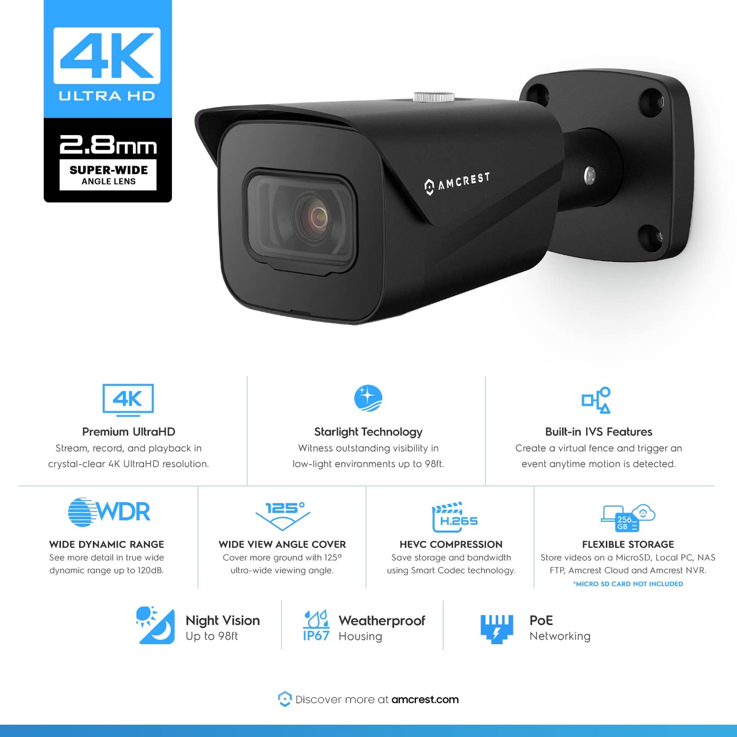Amcrest UltraHD 4K (8MP) Outdoor Bullet Security IP POE Camera, 98ft NightVision, 2.8mm Lens, IP67 Weatherproof, 256GB MicroSD Recording, Black