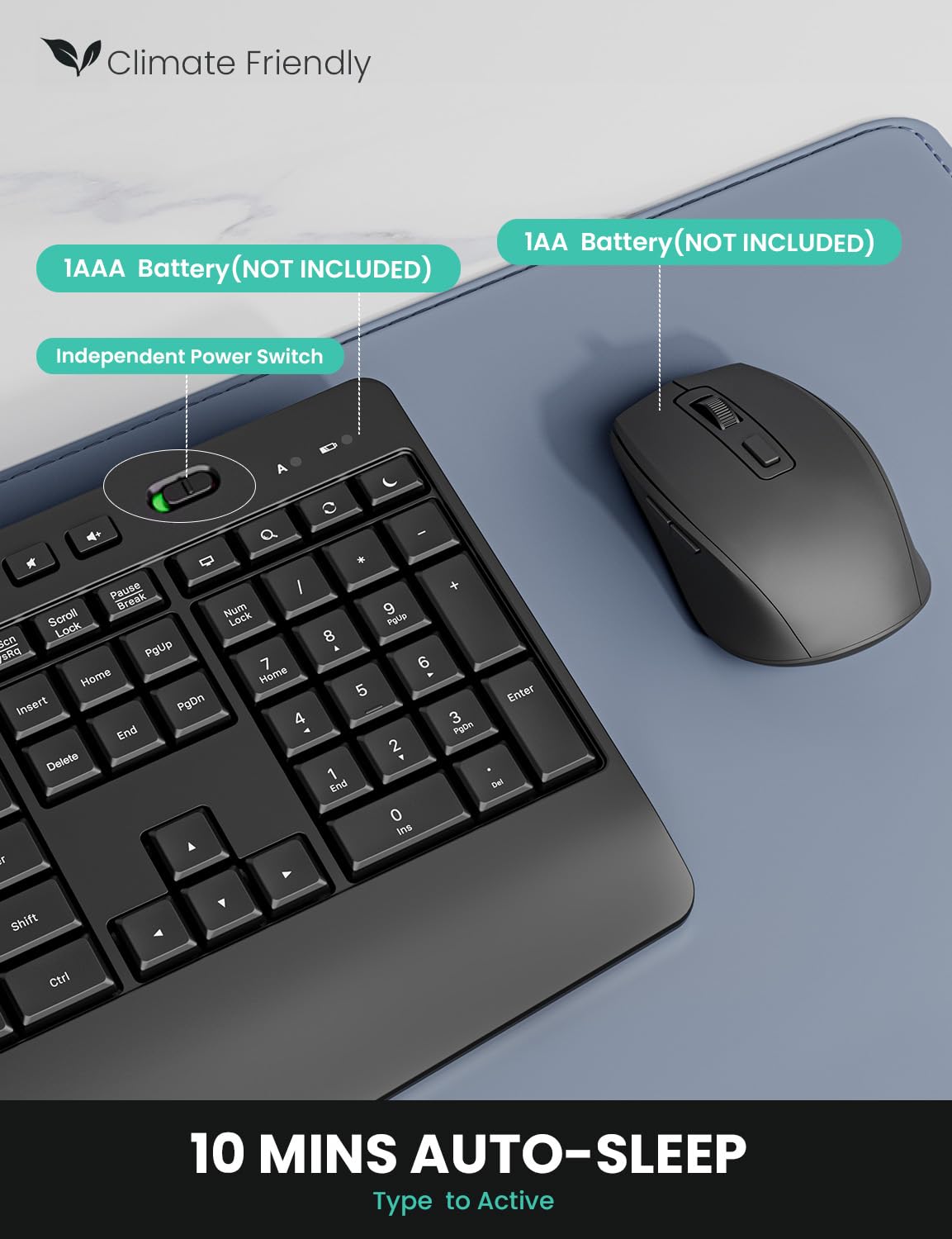 Ergonomic Wireless Keyboard and Mouse Combination, LIZRROT 2.4GHz Quiet Full Length Mouse and Keyboard, Wrist Stand, Phone Holder, Compatible