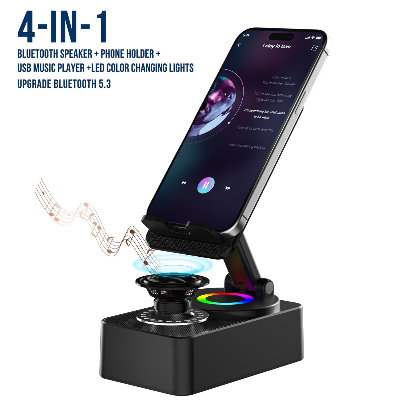 Cell Phone Stand with Wireless Bluetooth Speaker, LED, Anti-Slip Base HD Surround Sound,Perfect for Home/Outdoor with Bluetooth Speaker for Desk