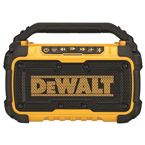 DEWALT 20V MAX Bluetooth Speaker, 100 ft Range, Durable for Jobsites, Phone Holder Included, Lasts 8-10 Hours with Single Charge (DCR010)