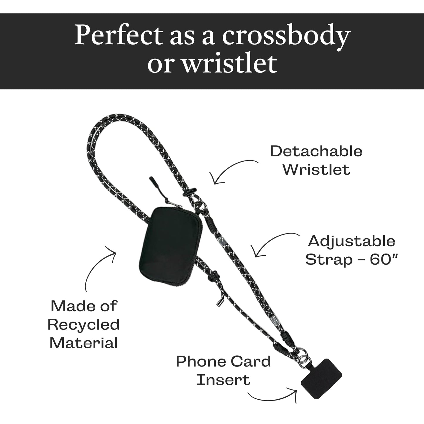 Save the Girls Active Twin Rope Clip and Go Phone Strap (Black) - Cell Phone Lanyard for Life on the Move - Crossbody Phone Strap Chain with Zipper