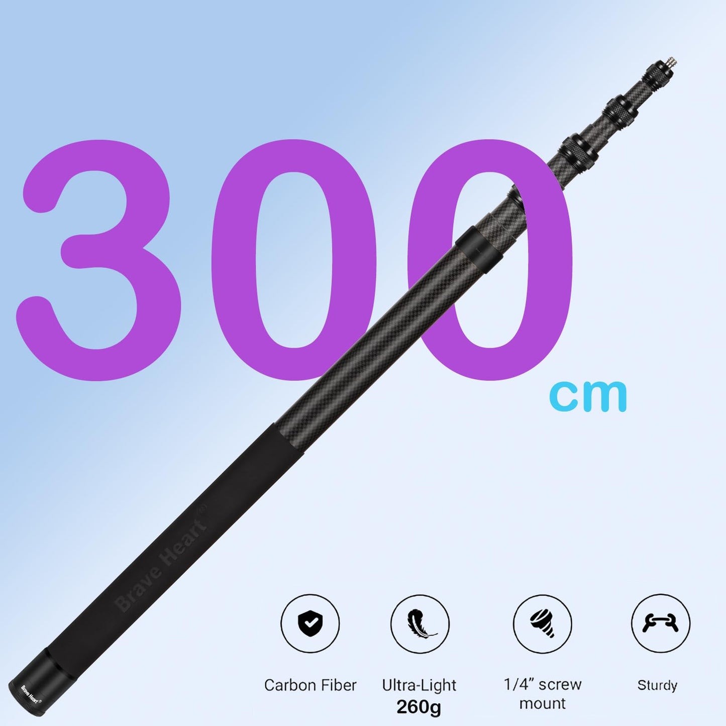 17-118"/3.0m Carbon Fiber Invisible Selfie Stick 9.8ft Extended Super Long Pole for Insta360 X5/X4 Insta 360 X3 ONE X2, ONE R, ONE X, ONE GO 3S 3 2