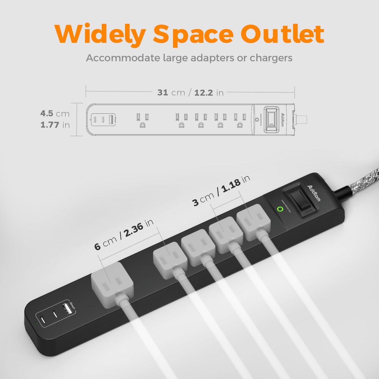 2 Pack Power Strip Surge Protector - 5 Widely Spaced Outlets 3 USB Charging Ports, 1875W/15A 6Ft Braided Extension Cord, Flat Plug Overload