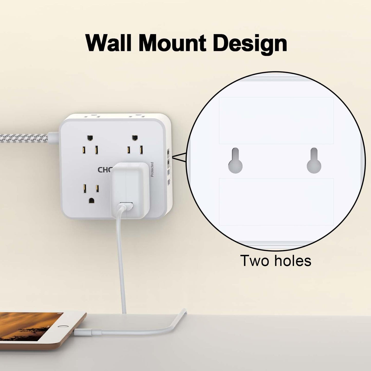 Surge Protector Power Strip - CHCORE 5Ft Braided Extension Cord with 8 Outlets with 4 USB (2 USB C) Charging Ports, Flat Plug Multi Plug Outlet