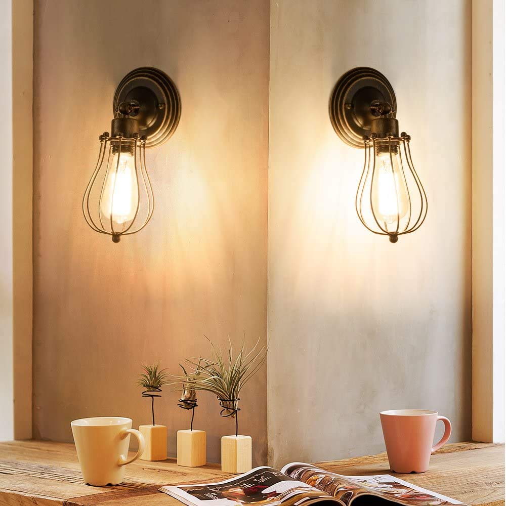 GLADFRESIT Vintage Wall Sconces Set of Two Industrial Wire Cage Light, Vintage Metal Barn Wall lamp, Indoor Farmhouse Lights Fixture Adjustable
