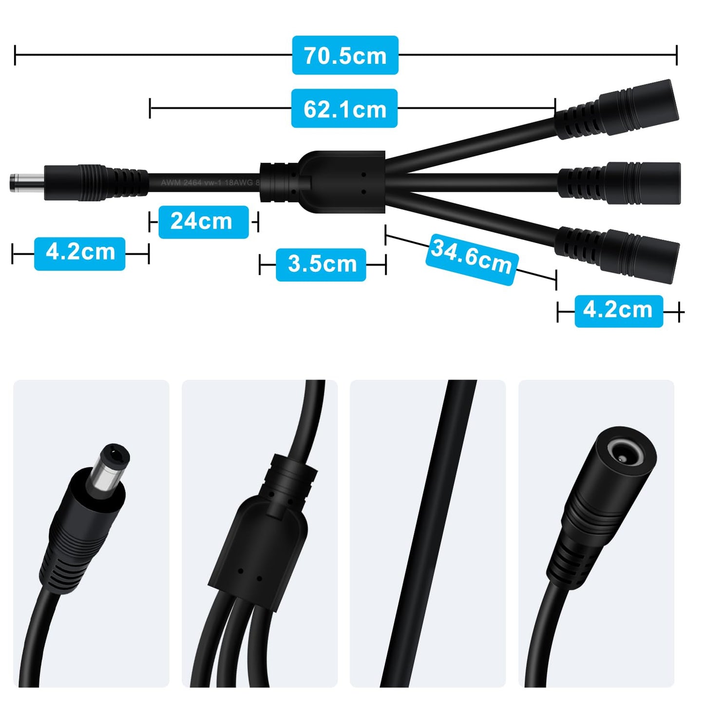 YINGAYOU DC 4 Way Splitter 5.5 x 2.1mm DC Splitter Cable 5V 6V 9V 12V 24V 3A, for Security Cameras, DVR, Router, Printer, LED Strip (1 to 4, 70 cm)