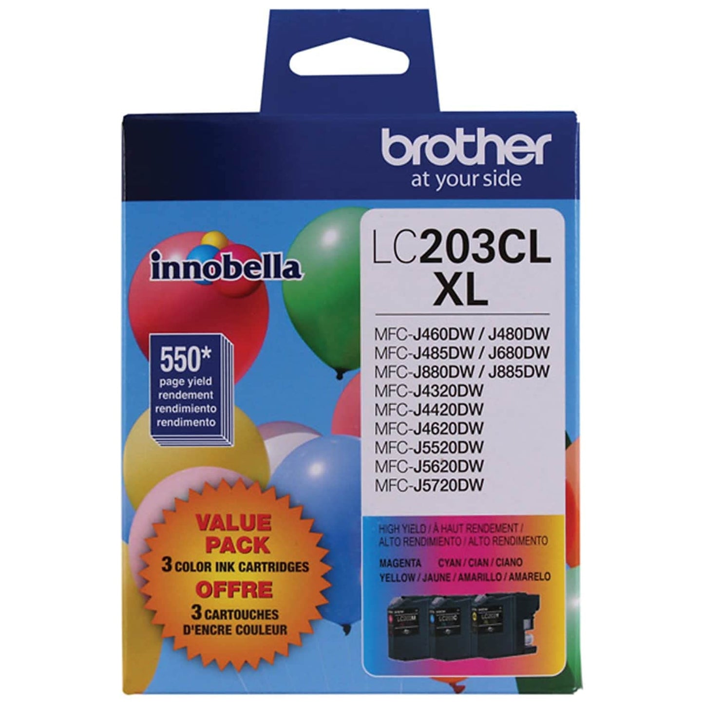 Brother Genuine High Yield Color Ink Cartridges, LC2033PKS, 3-Pack, Cyan, Magenta, Yellow, 550 Pages, Amazon Dash Replenishment
