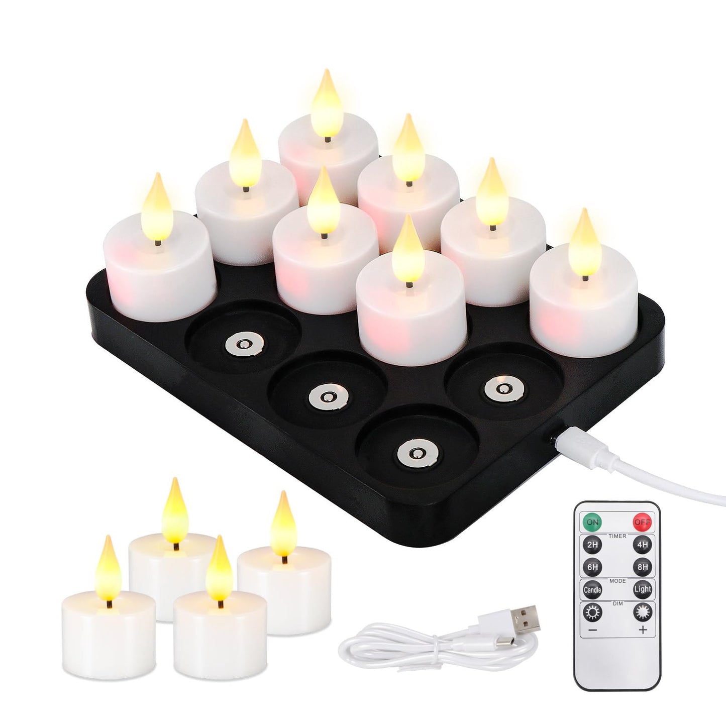 FPOO Rechargeable Candles tealights 12 Pack, Electric Tea Lights with Type-C Charging Base, 60-Hour Ultra Runtime, 2 inch Votive Candle with Remote