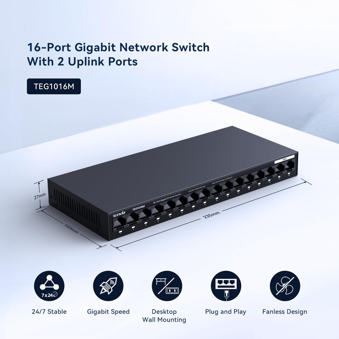 Tenda TEG1016M, 16 Port Gigabit Switch, Unmanaged Ethernet Switch with Traffic Optimization, Plug & Play, Fanless & Metal Design Network Switch