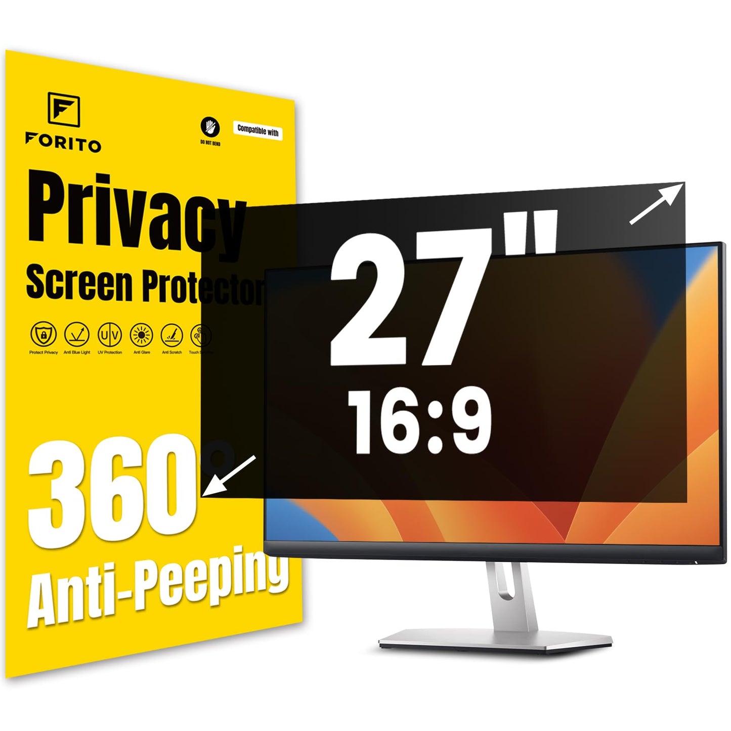 F FORITO 27 Inch 16:9 360°Privacy Screen Protector for Computer Monitor, Removable Eye Protection Anti Blue Light Anti Glare Computer Screen Privacy