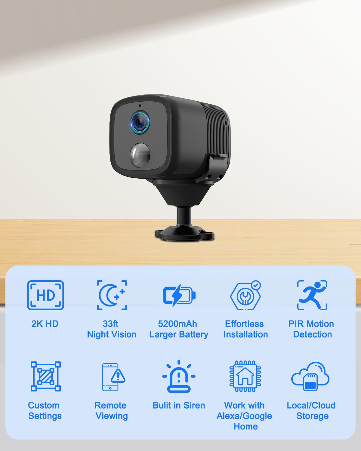 UCOCARE 2K Security Camera Indoor Wireless with 5200mAh Larger Battery, Mini Security Camera for Home Security, HD Portable Camera WiFi, 160° Wide