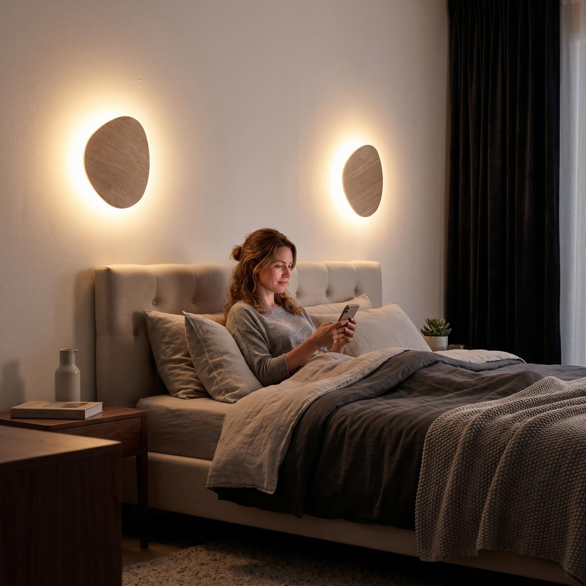 Modern Minimalist Plug in Wall Sconces, 7.9'' Plug-in Or Cordless Wood Backlight LED Wall Lamp, 8W, 700LM Warm White Brightness Wall Light Fixtures