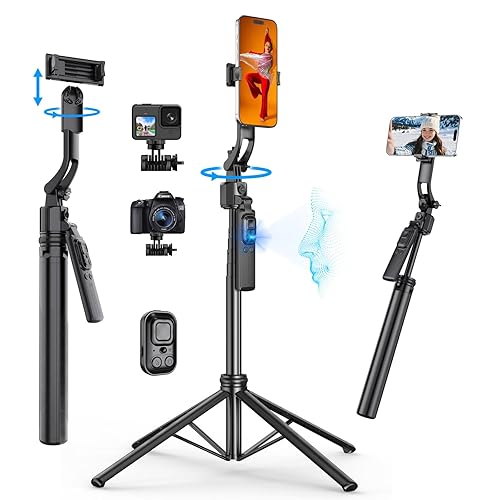 FOURPILLARS 68" Extendable Auto Face Tracking Tripod with Stand, 360° Rotation that Follows Your Movement, Portable Phone Tripod Stand with Remote