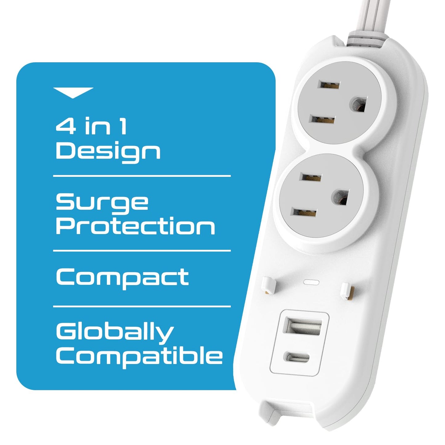 Ceptics Travel Power Strip - Small & Compact - Surge Protector - Grounded USB + Type C - 2 USA Outlets Input - Plugs for Europe, Asia, China, USA