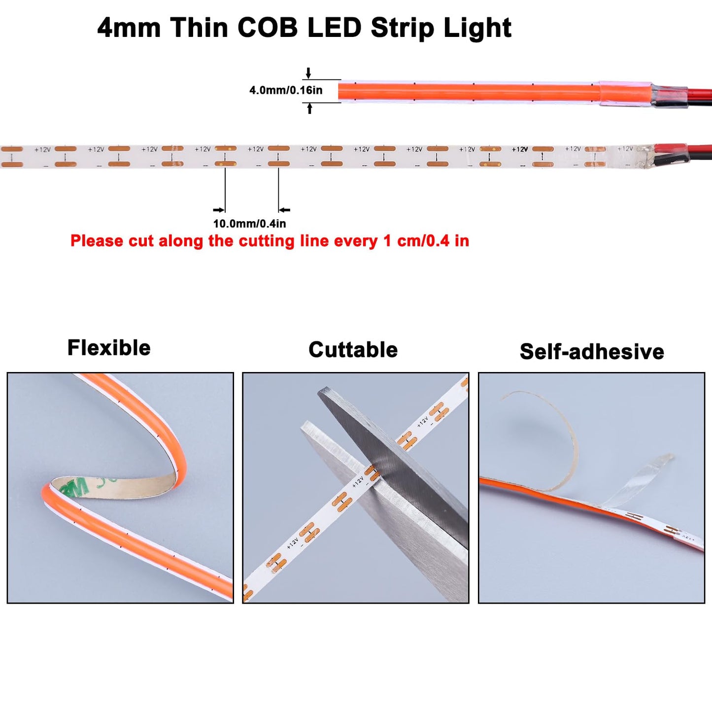 TOPAI 4mm Ultra Thin COB LED Strip Red 620-625nm 16.4ft, DC 12V Dotless High Density 400LEDs/M 7W/M, CRI>90 Cuttable Flexible with 3M Adhesive